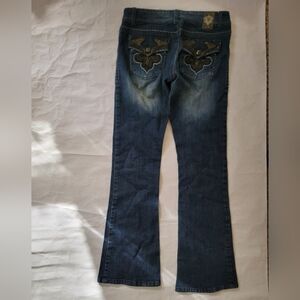 CELLO Jeans 9 Dark Bootcut Studs Embroidered Flap Pocket Distressed Denim